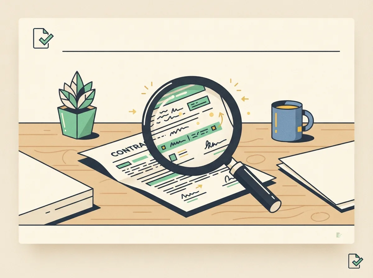 Illustration of a printed contract with a magnifying glass resting over one highlighted paragraph